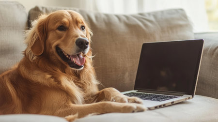 Golden retriever using a laptop at home, paw on the keyboard, as if working in a virtual office environment.の素材
