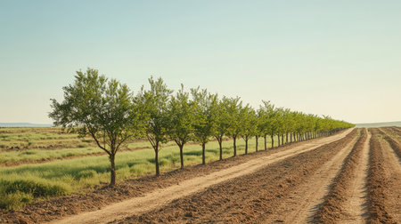 A row of young trees growing in a dirt field, stretching into the distance, under a bright, clear sky.の素材