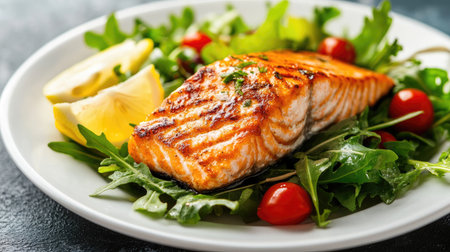 Grilled salmon fillet served with a vibrant salad of mixed greens, cherry tomatoes, and lemon wedges, arranged on a white plate.の素材