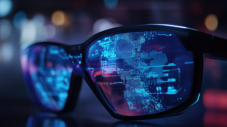 Futuristic augmented reality glasses projecting holographic maps and data, demonstrating the future of wearable tech and information display.の素材