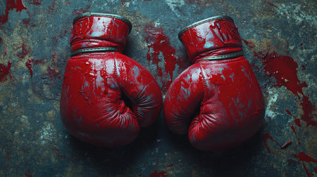 Two boxing gloves covered in red paint, resting side by side on a rough surface, symbolizing power and intensity in the ring.の素材