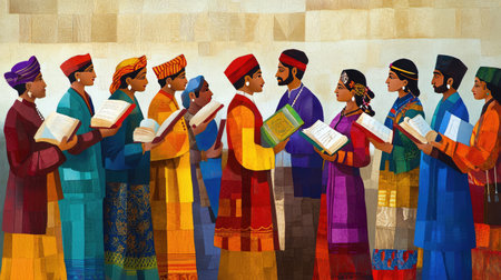 A lively scene of people in traditional outfits, each holding a book, reflecting the blending of culture and knowledge.の素材