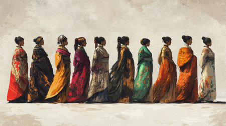 A detailed artwork of a group of women in traditional clothing, standing in a straight line, representing cultural unity.の素材