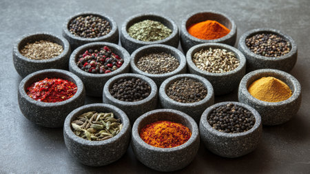 A collection of stone bowls filled with exotic spices, highlighting the beauty and diversity of world cuisineの素材