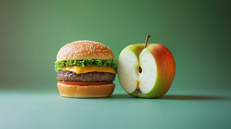 A creative contrast between half a burger and half an apple, visually symbolizing healthy vs indulgent eating choices.の素材