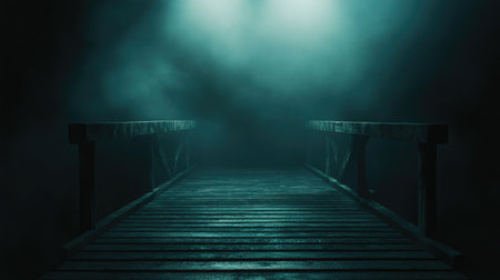 A misty, eerie platform in the dark, illuminated by soft light, ideal for fantasy or horror scenes with an otherworldly feelの素材
