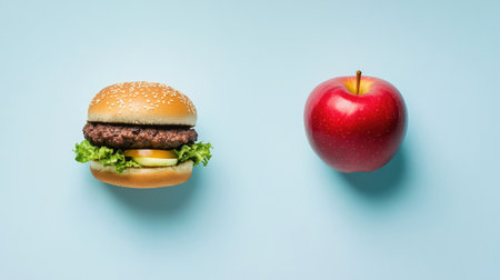 A split image of a hamburger and an apple, symbolizing the contrast between indulgence and healthy eating on a light blue background.の素材