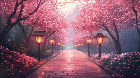 An illustration of a peaceful walkway through a park, with cherry blossom trees in full bloom and traditional lanterns lighting the path.の素材