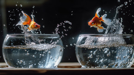 A goldfish mid-leap between two fish bowls, water splashing dramatically, symbolizing freedom and adventure in motion.の素材