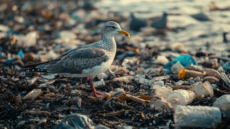 A seabird navigating through plastic debris on a polluted shoreline, emphasizing the urgent environmental issue of microplastic pollution in oceansの素材