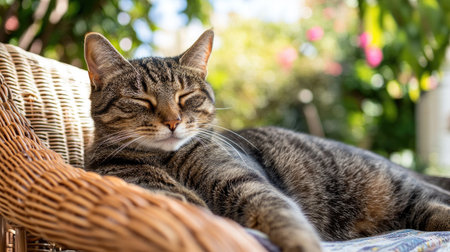 A lounging tabby cat on a cheerful wicker chair, illustrating the relaxed and serene lifestyle of a cherished house petの素材