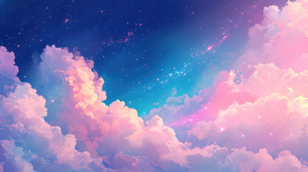 A magical night sky with pastel clouds and glittering stars, evoking a sense of wonder and fantasy.の素材