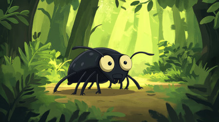 Bark Beetle Cartoon in Forest: A friendly bark beetle character with big eyes scurrying through a forest, ideal for children's stories, educational materials, or fun illustrations.の素材