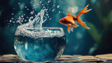 A fish bowl and a goldfish mid-leap, water splashing, symbolizing the daring leap into the unknown, the thrill of new adventures.の素材