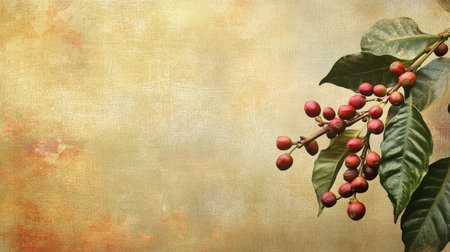 Coffee Plant Abstract Design: A textured abstract design of coffee plant leaves and berries, featuring soft tones and organic shapes, ideal for natural or eco-friendly themes.の素材