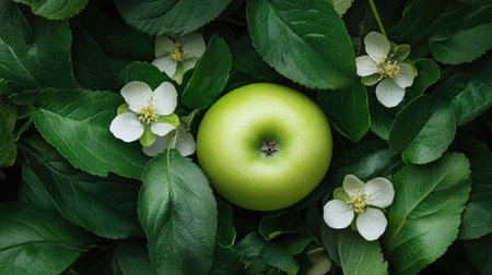 A fresh green apple surrounded by vibrant green leaves and delicate flowers, creating a natural and healthy setting.の素材
