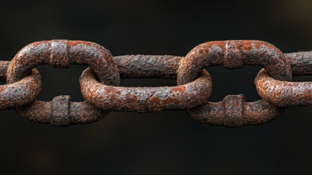A rusty chain link against a dark background, its black surface worn from time and use, evoking resilience and history.の素材
