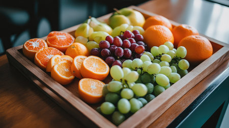A wooden tray brimming with fresh fruits like grapes, oranges, and apples, placed on a table for a healthy snack selection.の素材