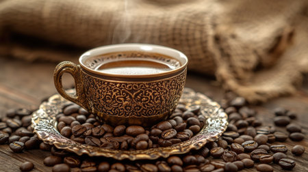 Authentic Turkish coffee served in a traditional brass cup, surrounded by coffee beans, evoking rich cultural and aromatic experiencesの素材