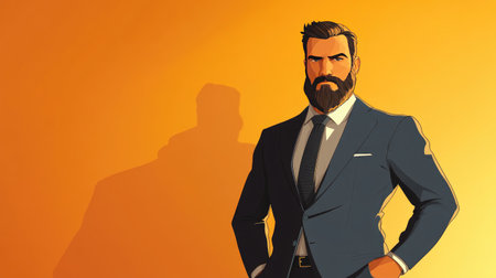 A cartoon-style man with a sharp suit, tie, and a full beard, standing confidently against a simple background.の素材