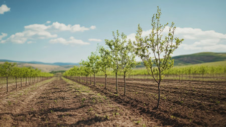 A long stretch of young trees growing in a dirt field, capturing the beauty of nature resilience and regeneration.の素材
