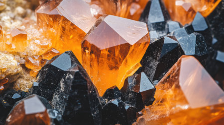 A mesmerizing close-up of orange and black crystals in natural formation, highlighting the textures and hues of raw minerals.の素材