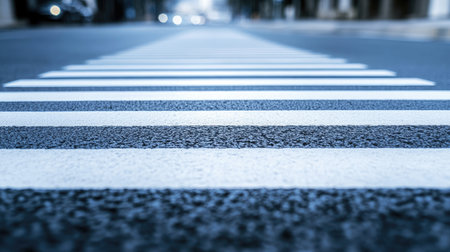 Close-up of crisp white zebra crosswalk lines against a freshly paved road, capturing urban design and pedestrian safety.の素材
