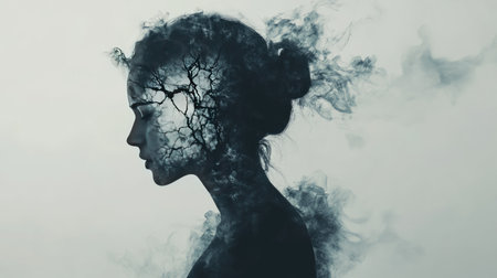 A powerful visual of a woman with a symbolic representation of her mind, featuring cracks or shadows, illustrating the effects of trauma and mental health struggles.の素材