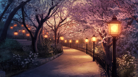 An illustration of a walkway beneath cherry blossom trees, lanterns glowing gently along the path, creating a peaceful and picturesque park setting.の素材