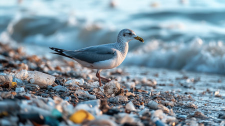 A seabird walking through plastic waste on a beach, representing the dire consequences of pollution on marine life and ecosystemsの素材