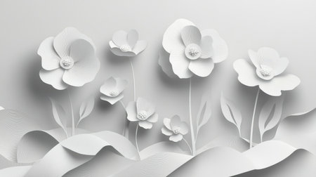 Paper-cut Blooming Spring Flowers: Spring flowers made of white paper, blooming on a grey abstract background, with subtle shadows adding depth to the design.の素材