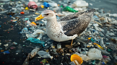 Seabird caught in a plastic-filled shoreline, symbolizing the tragic effects of pollution on marine ecosystems and wildlifeの素材