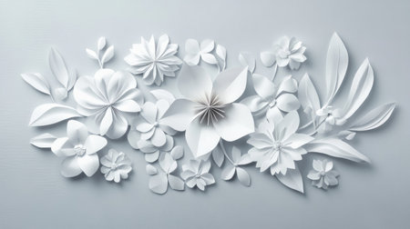 Origami Flowers on Grey Background: White paper-cut flowers arranged in a blossoming composition on a light grey background, perfect for spring-themed abstract art and design.の素材