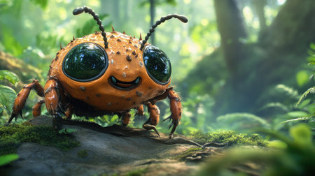 Friendly Cartoon Bark Beetle in Forest: A playful cartoon bark beetle with big eyes in a lush forest, designed for children's educational content or illustrations about nature.の素材