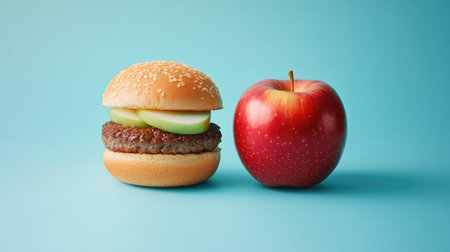 Half hamburger, half apple, representing the balance between nutrition and indulgence, against a clean blue backdrop.の素材
