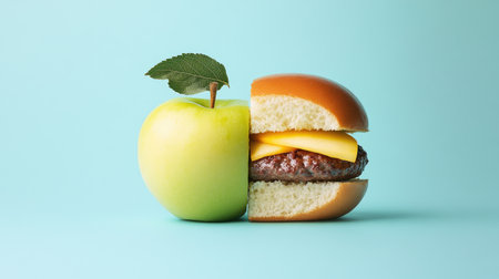 Half apple, half hamburger, representing a balanced approach to nutrition and diet choices on a soft blue background.の素材