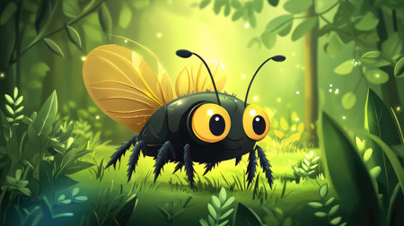 Friendly Cartoon Bark Beetle in Forest: A playful cartoon bark beetle with big eyes in a lush forest, designed for children's educational content or illustrations about nature.の素材
