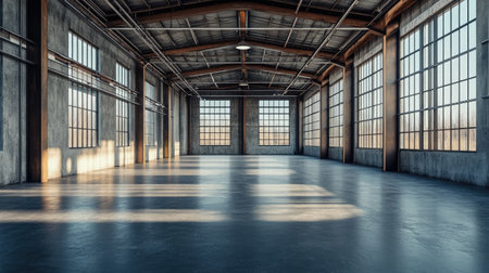Interior of a modern industrial warehouse with tall ceilings, wide windows, and empty floor space, ideal for commercial storage or business useの素材