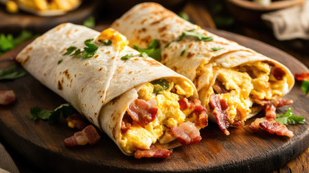 Hearty breakfast burritos filled with scrambled eggs, crispy bacon, and melted cheese, served on a rustic wooden plate for a delicious morning mealの素材