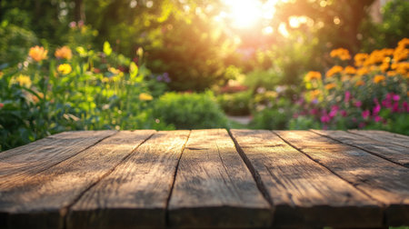Rustic Wood Table in Nature: A rustic wooden table set against a blurred, vibrant garden backdrop, highlighting the beauty of natural, outdoor product presentation.の素材