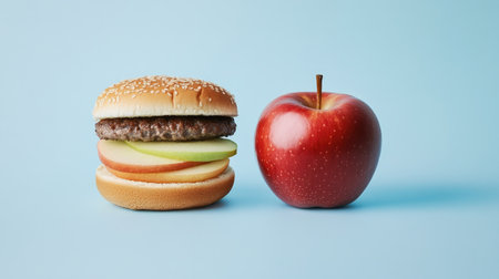 Half hamburger, half apple, representing the balance between nutrition and indulgence, against a clean blue backdrop.の素材
