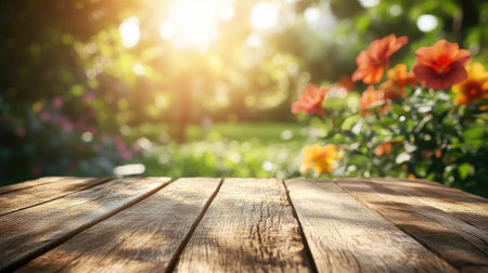 Rustic Wood Table in Nature: A rustic wooden table set against a blurred, vibrant garden backdrop, highlighting the beauty of natural, outdoor product presentation.の素材