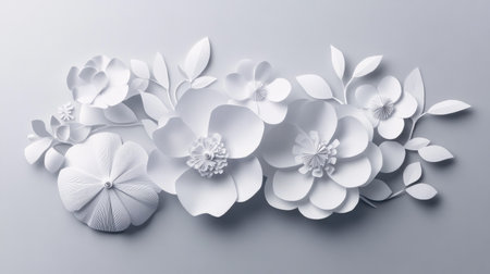 Origami Flowers on Grey Background: White paper-cut flowers arranged in a blossoming composition on a light grey background, perfect for spring-themed abstract art and design.の素材