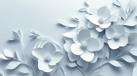Paper-cut Blooming Spring Flowers: Spring flowers made of white paper, blooming on a grey abstract background, with subtle shadows adding depth to the design.の素材