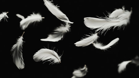 White feathers suspended in mid-air on a black background, symbolizing grace, lightness, and eleganceの素材