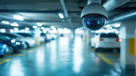 Parking garage under the watchful eye of advanced security cameras, ensuring a secure environment for vehicles and pedestriansの素材