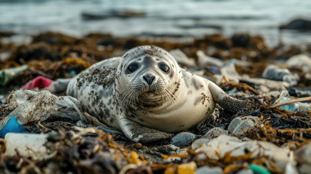 Seal pup lying on plastic-strewn shoreline, a stark reminder of the environmental threat posed by microplastic pollution in oceansの素材