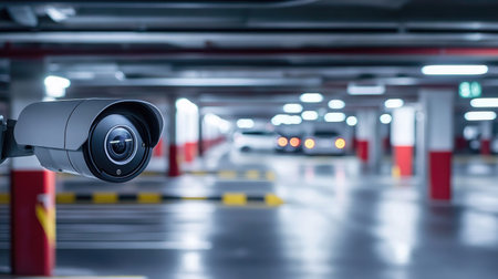 State-of-the-art security cameras monitoring a parking garage, representing modern safety measures in urban spacesの素材