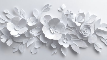 White Paper Cut Spring Flowers Blooming: Delicate paper-cut flowers and leaves in full bloom against a light grey background, creating a minimalist, abstract spring theme.の素材