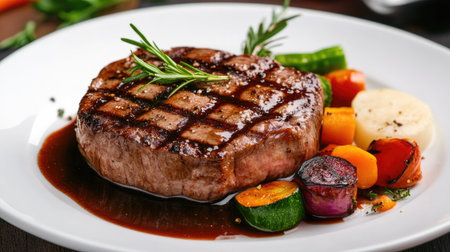A juicy grilled beef steak, drizzled with a rich sauce and served with colorful vegetablesの素材
